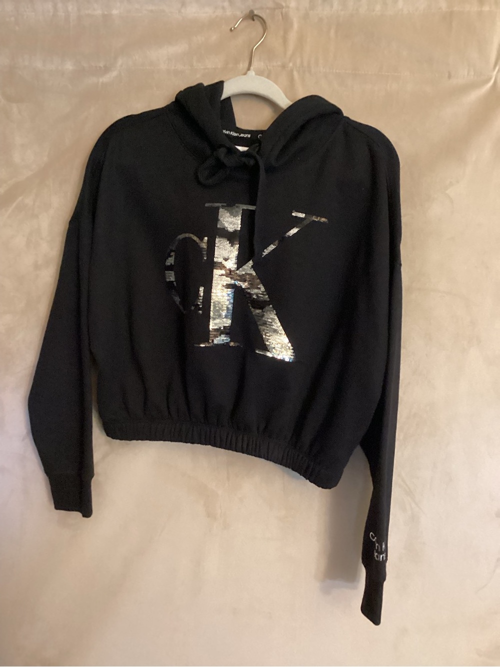 Calvin Klein Black Cropped Hoodie with Silver Sequin 'CK' Logo